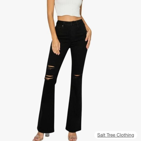 Wax Jean Pants - Wax Jean Destructed High Rise Flare Jeans in Vintage Medium Wash black Size 5/27